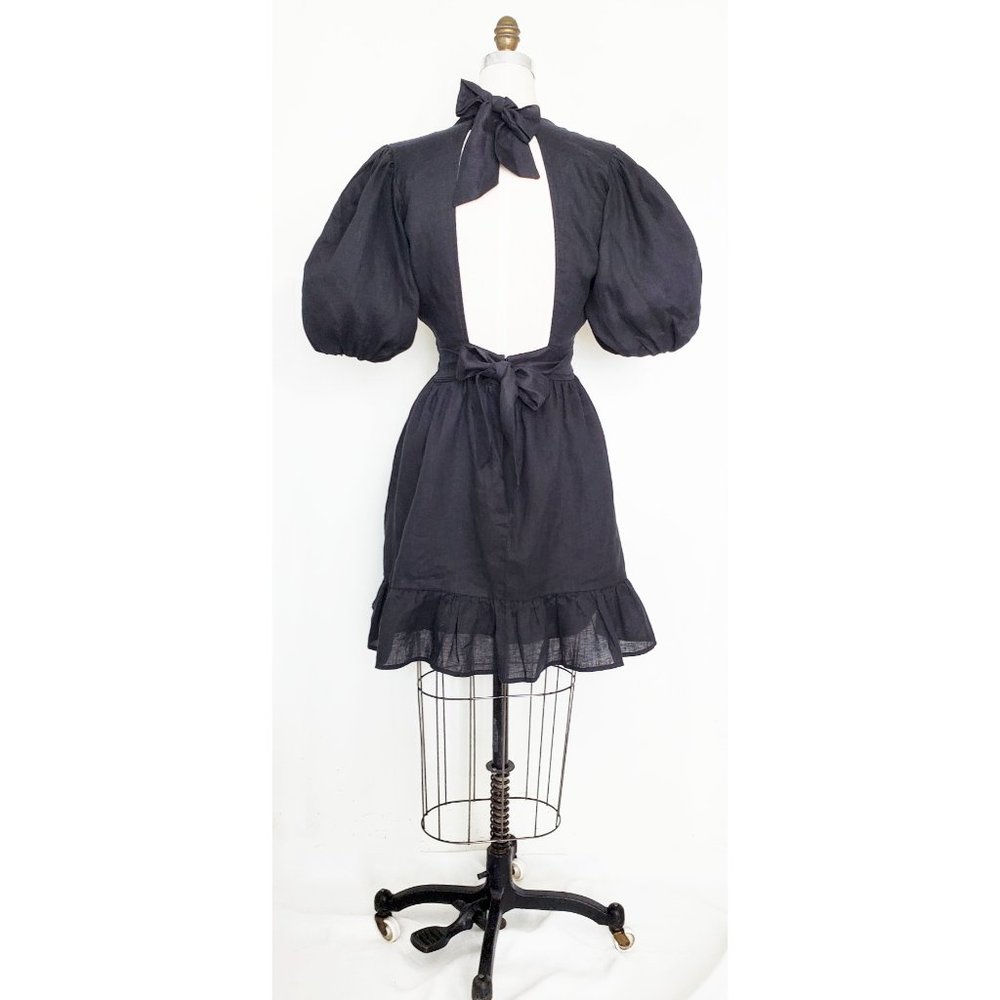 Faithfull The Brand Womens Black Linen Tie Back Dress Balloon Sleeves 6 - Picture 7 of 11